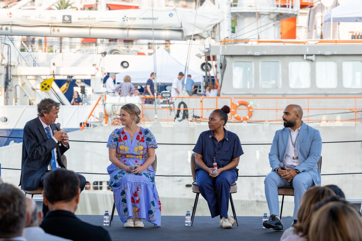 L to R – Dr. Martin Visbeck,Mattie Rodrigue, Science Program Director, OceanX, Yara Rodriguez, Executive Board Directive Board, Instituto do Ma